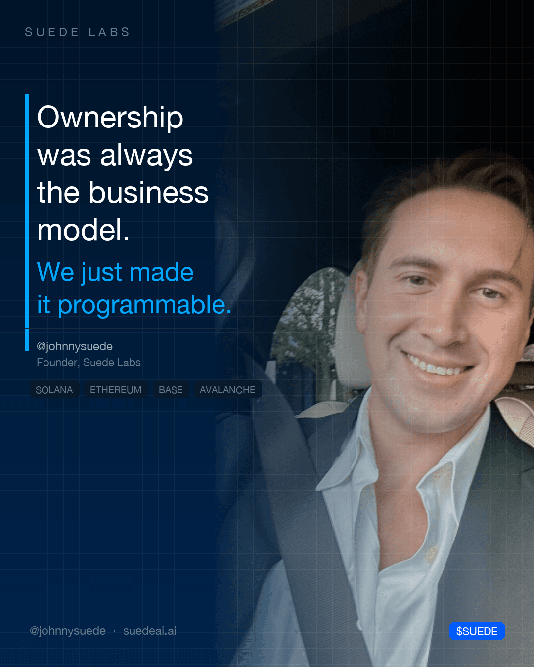 Jason Colapietro Suede Labs AI founder visual for creative IP ownership, music rights, creator infrastructure, and IP provenance: Programmable Ownership.